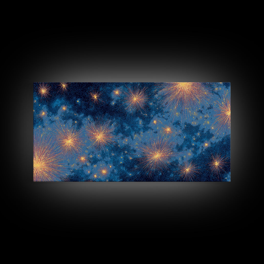 Blue Cloudy Fireworks Night Sky Canvas Print, Celestial Space Wall Art, Gold Stars Modern Decor For Bedroom Or Office Decor