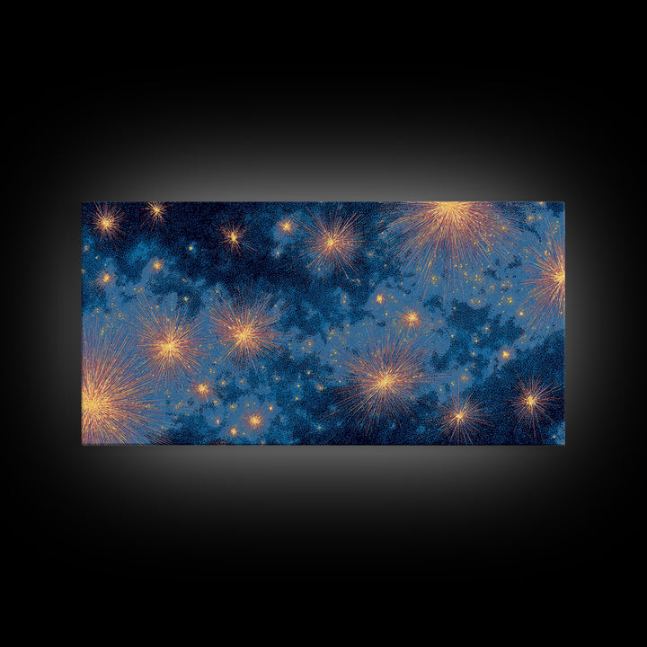 Blue Cloudy Fireworks Night Sky Canvas Print, Celestial Space Wall Art, Gold Stars Modern Decor For Bedroom Or Office Decor