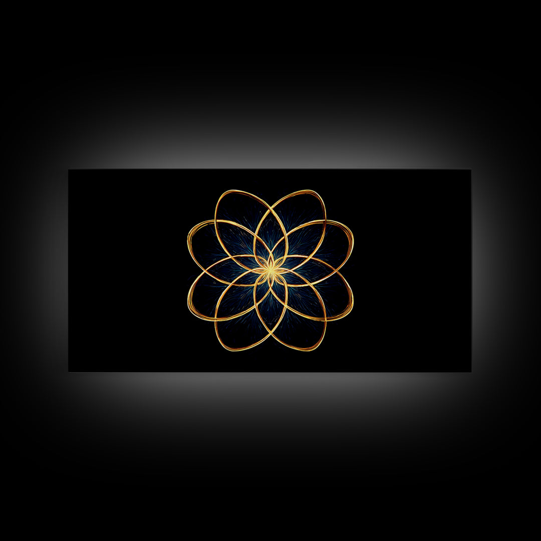 Gold Lotus Flower Line Art Canvas Print, Black And Gold Sacred Geometry Wall Decor, Spiritual Modern Abstract Artwork Gift