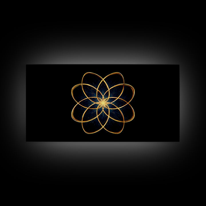 Gold Lotus Flower Line Art Canvas Print, Black And Gold Sacred Geometry Wall Decor, Spiritual Modern Abstract Artwork Gift