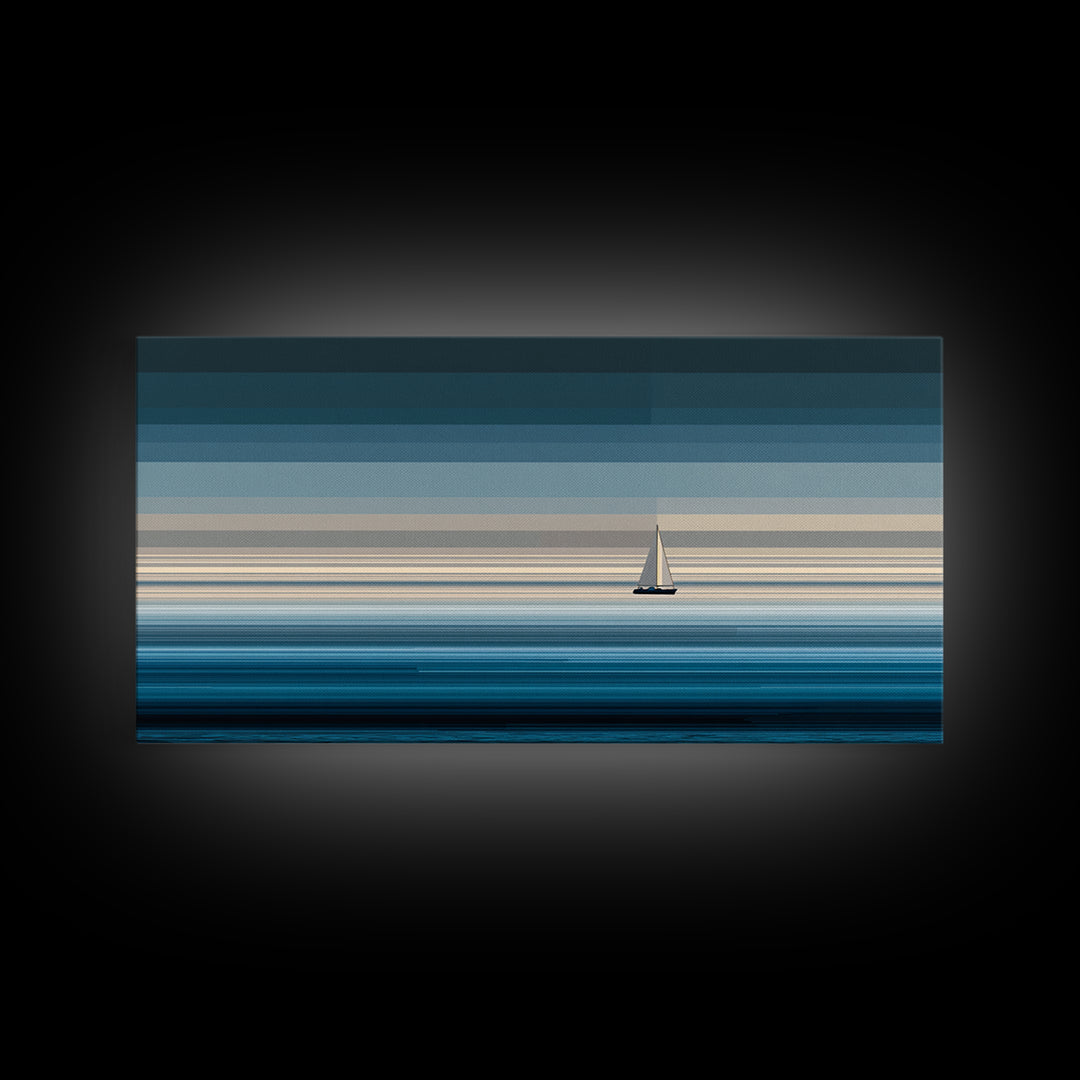 Minimal Sailboat Horizon Wall Art, Blue Ocean Seascape Print, Coastal Modern Wall Decor, Nautical Living Room Artwork Print