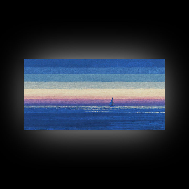 Blue Textured Sailboat Canvas Print, Ocean Sunset Seascape Wall Decor, Coastal Landscape Art For Bedroom And Lake House Decor