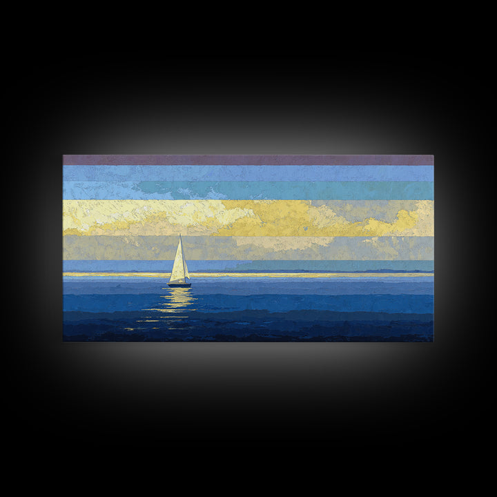 Sunlit Sailboat Seascape Framed Canvas Print, Blue Coastal Wall Art, Nautical Lake House Decor, Modern Ocean Artwork Print