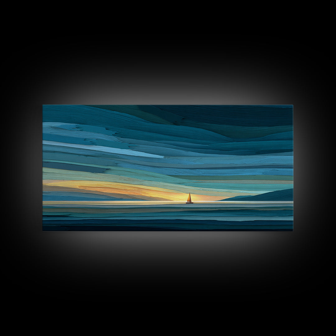 Teal Sunset Sailboat Wall Art, Dramatic Ocean Seascape Print, Coastal Modern Decor, Nautical Lake House Canvas Artwork Print
