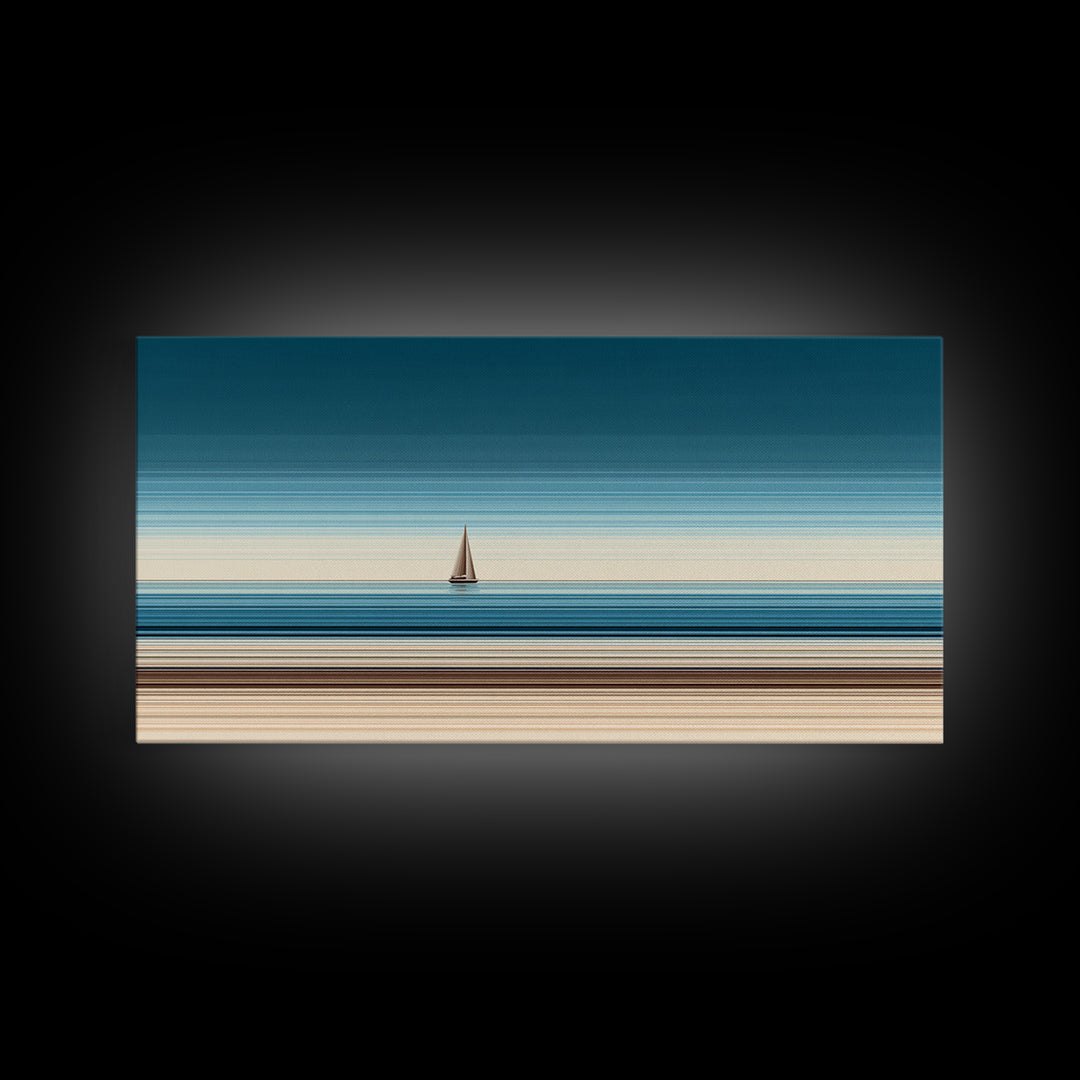 Minimalist Sailboat Horizon Canvas Print, Blue Beige Coastal Wall Art, Modern Nautical Decor For Living Room And Office Decor