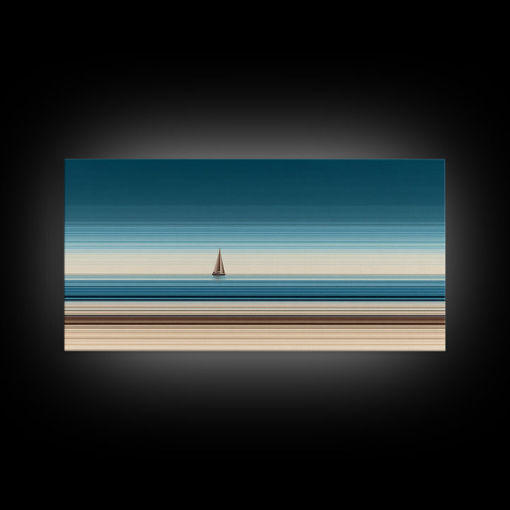 Minimalist Sailboat Horizon Canvas Print, Blue Beige Coastal Wall Art, Modern Nautical Decor For Living Room And Office Decor