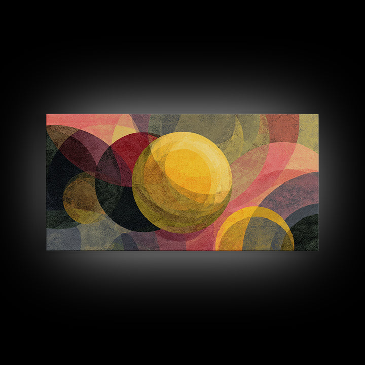 Layered Circles And Golden Orb Wall Art, Midcentury Modern Abstract Art, Retro Geometric Poster, Bold MCM Living Room Decor