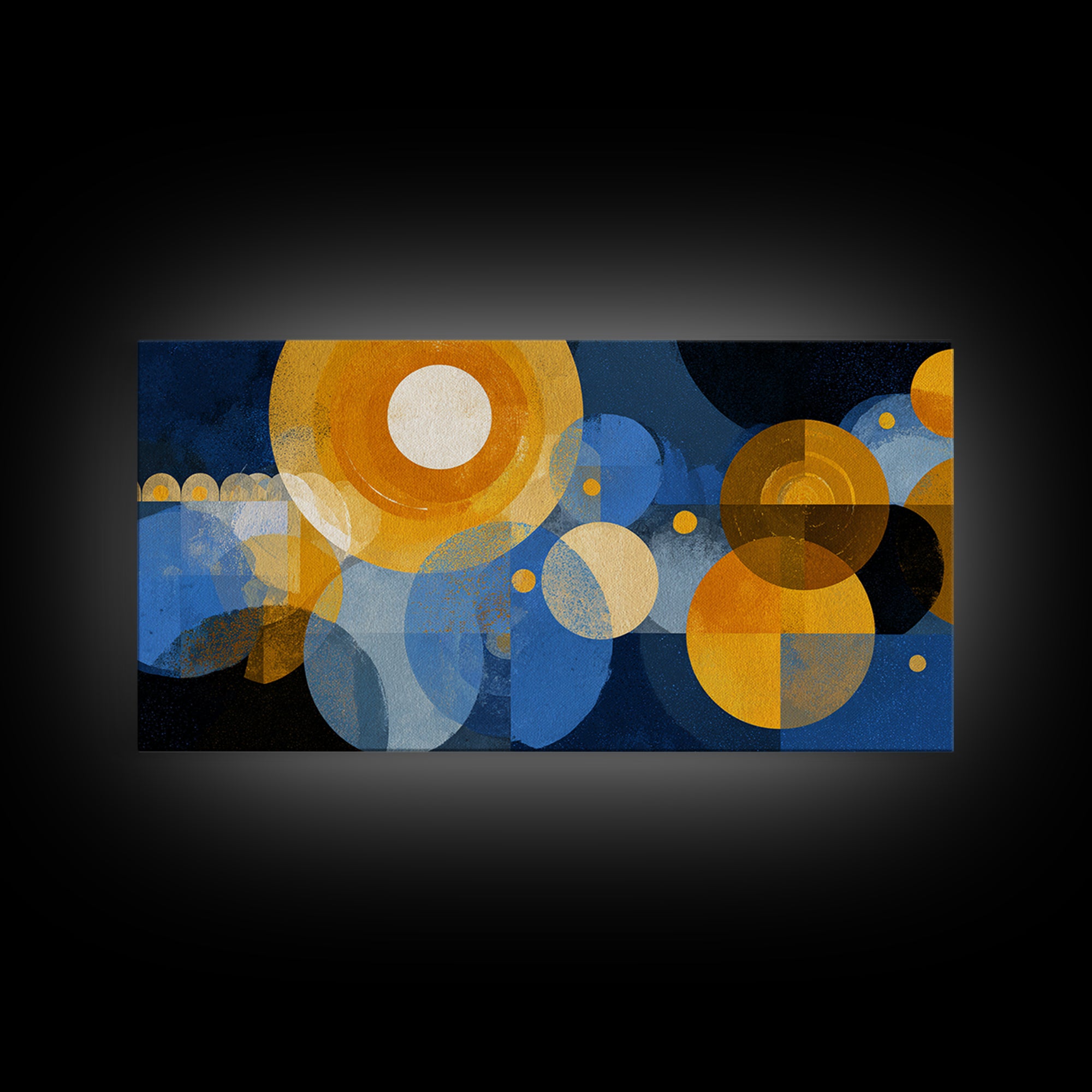 Blue Gold Atomic Circles Canvas Print, Midcentury Modern Wall Art, Geometric Abstract Poster, Retro Office Decor, MCM Home Art