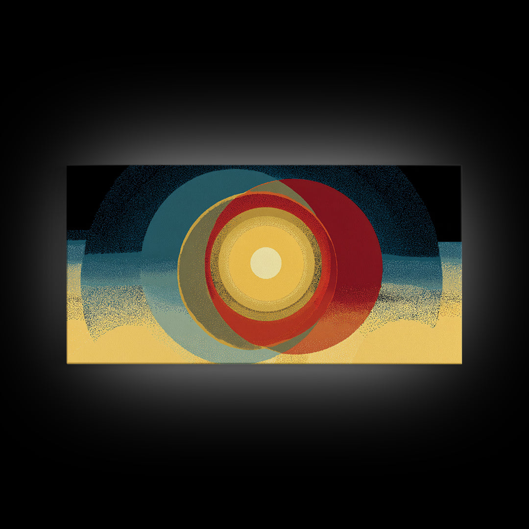 Glowing Concentric Sun Wall Art, Midcentury Modern Canvas Print, Retro Geometric Poster, Atomic Horizon Home Office Decor