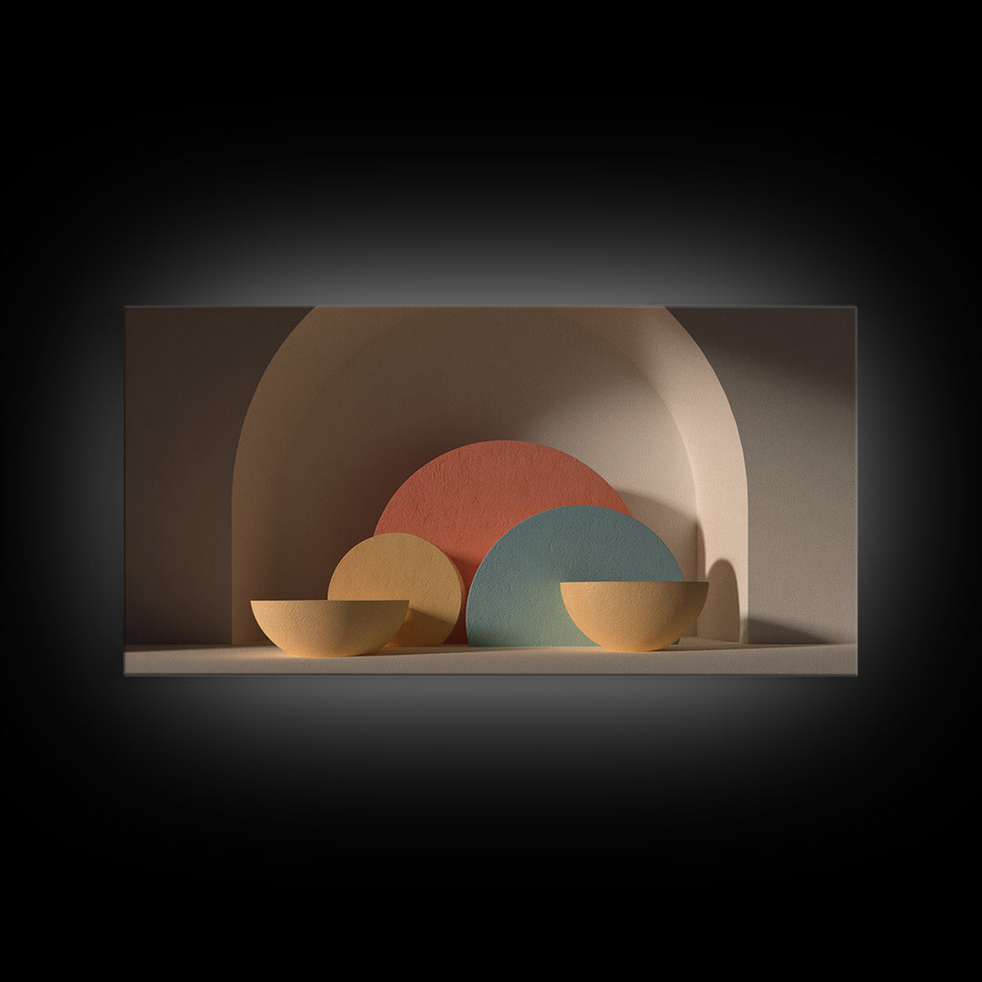 Minimalist Bowls In Arched Alcove Framed Canvas Print, Midcentury Modern Wall Art, Neutral Boho Decor, MCM Still Life Art
