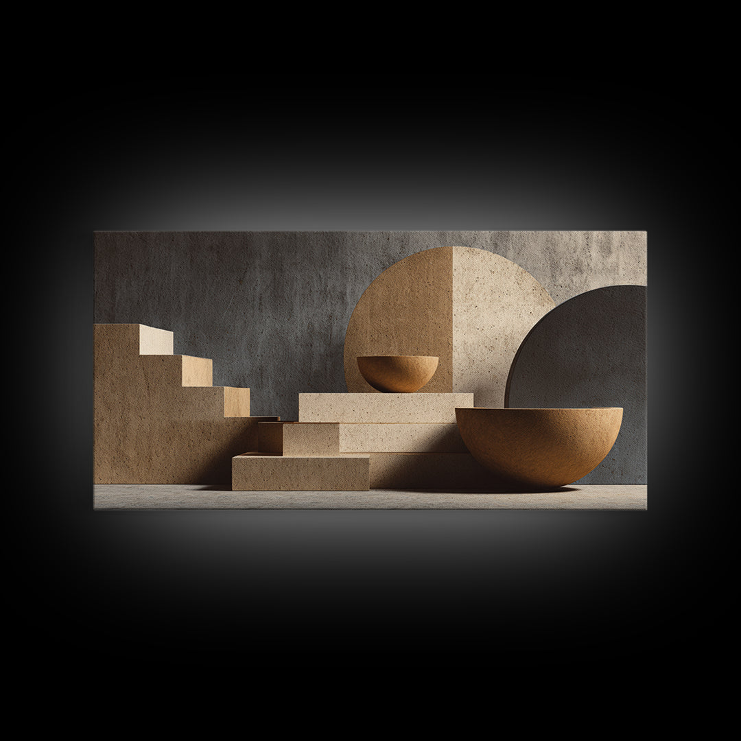 Architectural Stairs And Stone Bowls Wall Art, Framed Canvas Print, Midcentury Modern Decor, Neutral Abstract Home Office Art