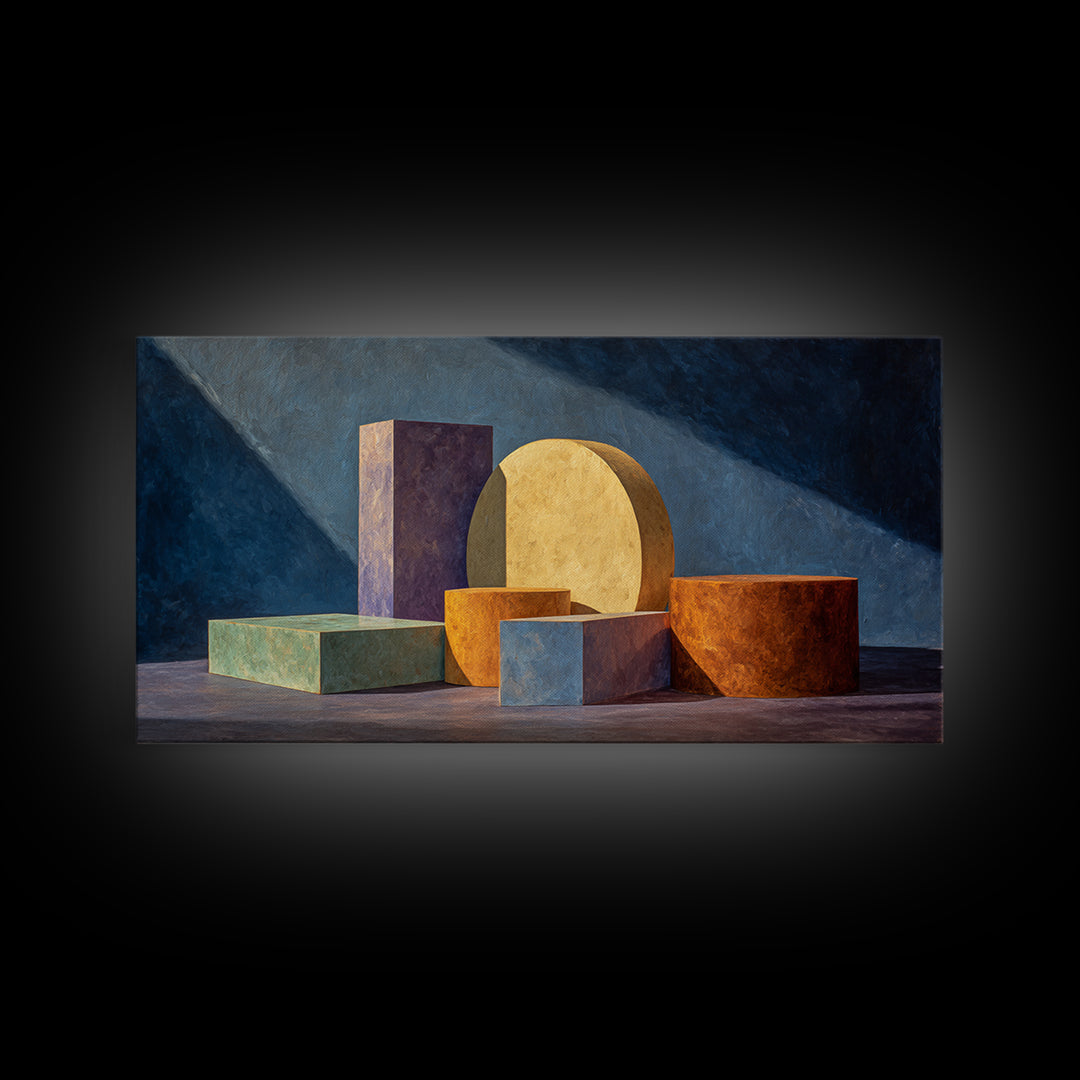 Colorful Blocks And Cylinders Still Life Wall Art, Framed Canvas Print, Modern Abstract Decor, Gallery Wall Office Poster