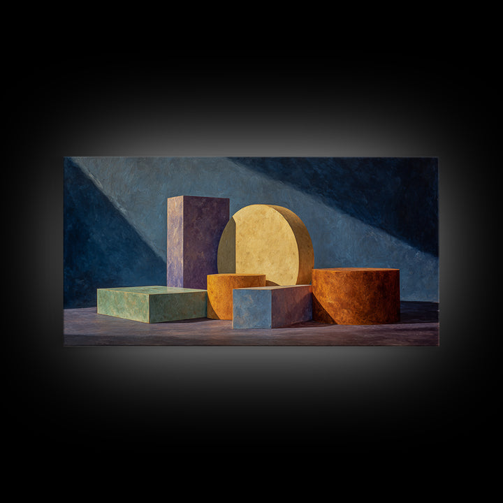 Colorful Blocks And Cylinders Still Life Wall Art, Framed Canvas Print, Modern Abstract Decor, Gallery Wall Office Poster