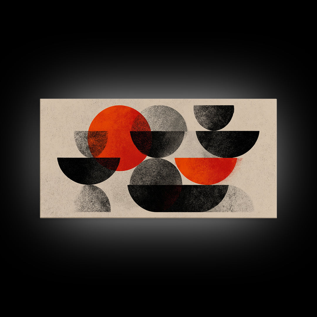 Red Black Gray Semi Circle Abstract Canvas Print, Mid Century Modern Wall Decor, Bauhaus Geometric Art For Office And Living Room