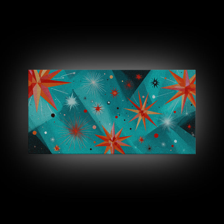 Turquoise Atomic Starburst Wall Art, Mid Century Modern Decor, Retro 50s Space Abstract Print For Living Room And Office
