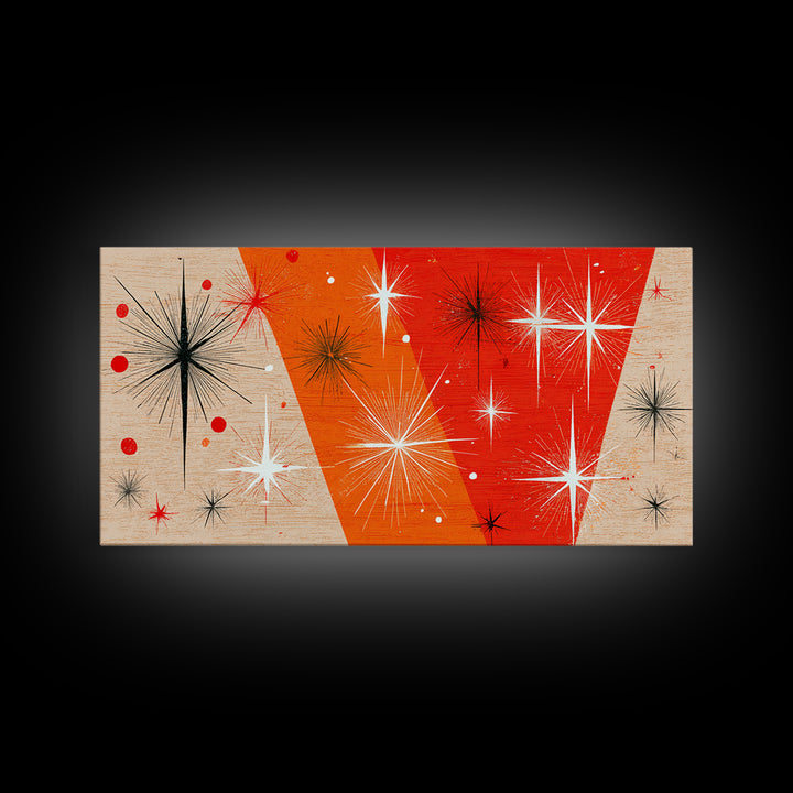 Orange Atomic Starburst Framed Canvas Print, Mid Century Modern Wall Decor, Retro Geometric Abstract Art For Bedroom Or Office