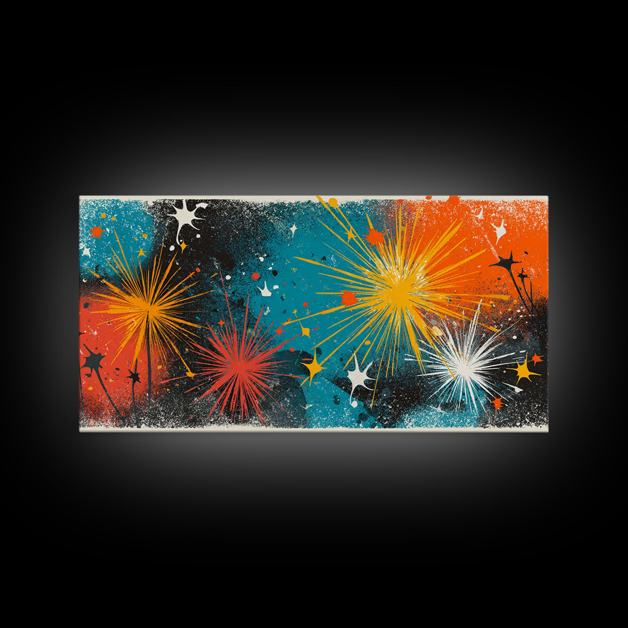 Teal Orange Splatter Starburst Wall Art, Atomic Mid Century Modern Decor, Retro Abstract Print For Living Room Or Office Decor