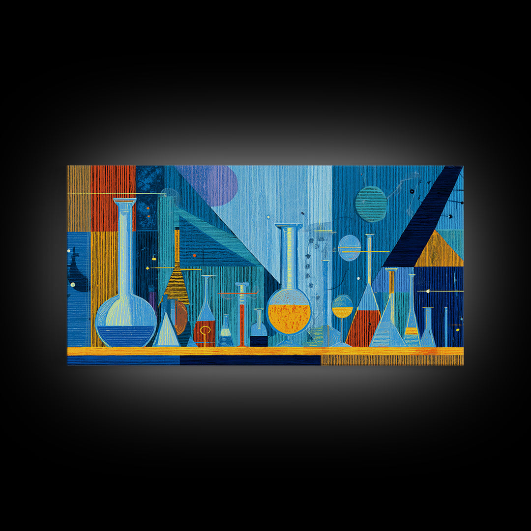 Blue Glass Chemistry Still Life Wall Art, Mid Century Modern Decor, Retro Science Canvas Print For Office Studio Or Kitchen
