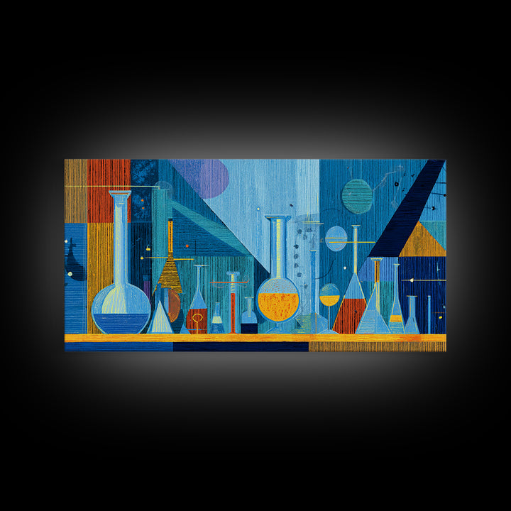 Blue Glass Chemistry Still Life Wall Art, Mid Century Modern Decor, Retro Science Canvas Print For Office Studio Or Kitchen