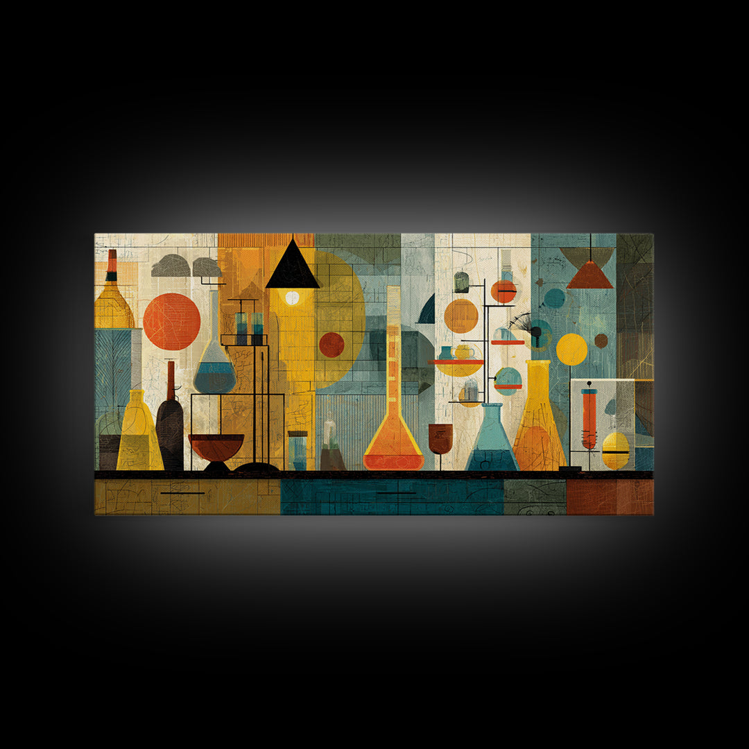 Yellow Teal Laboratory Still Life Framed Canvas Print, Mid Century Modern Wall Decor, Retro Science Art For Home Office Decor