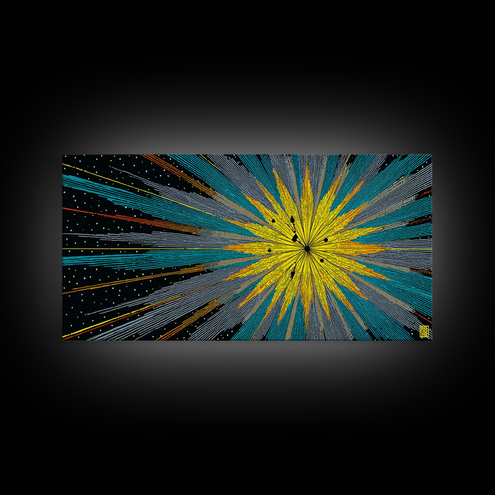 Yellow Teal Cosmic Starburst Canvas Print, Midcentury Modern Space Abstract Wall Art, Atomic Retro MCM Home Decor For Office Decor