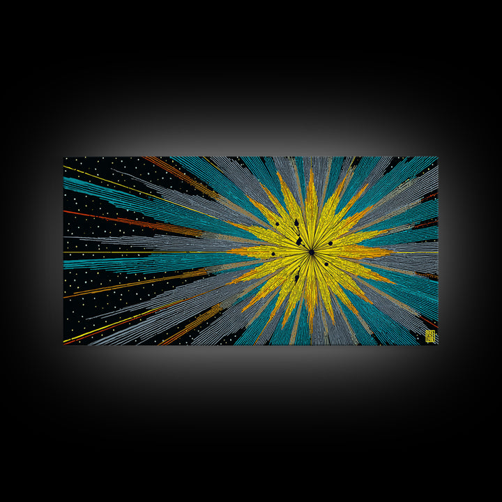 Yellow Teal Cosmic Starburst Canvas Print, Midcentury Modern Space Abstract Wall Art, Atomic Retro MCM Home Decor For Office Decor