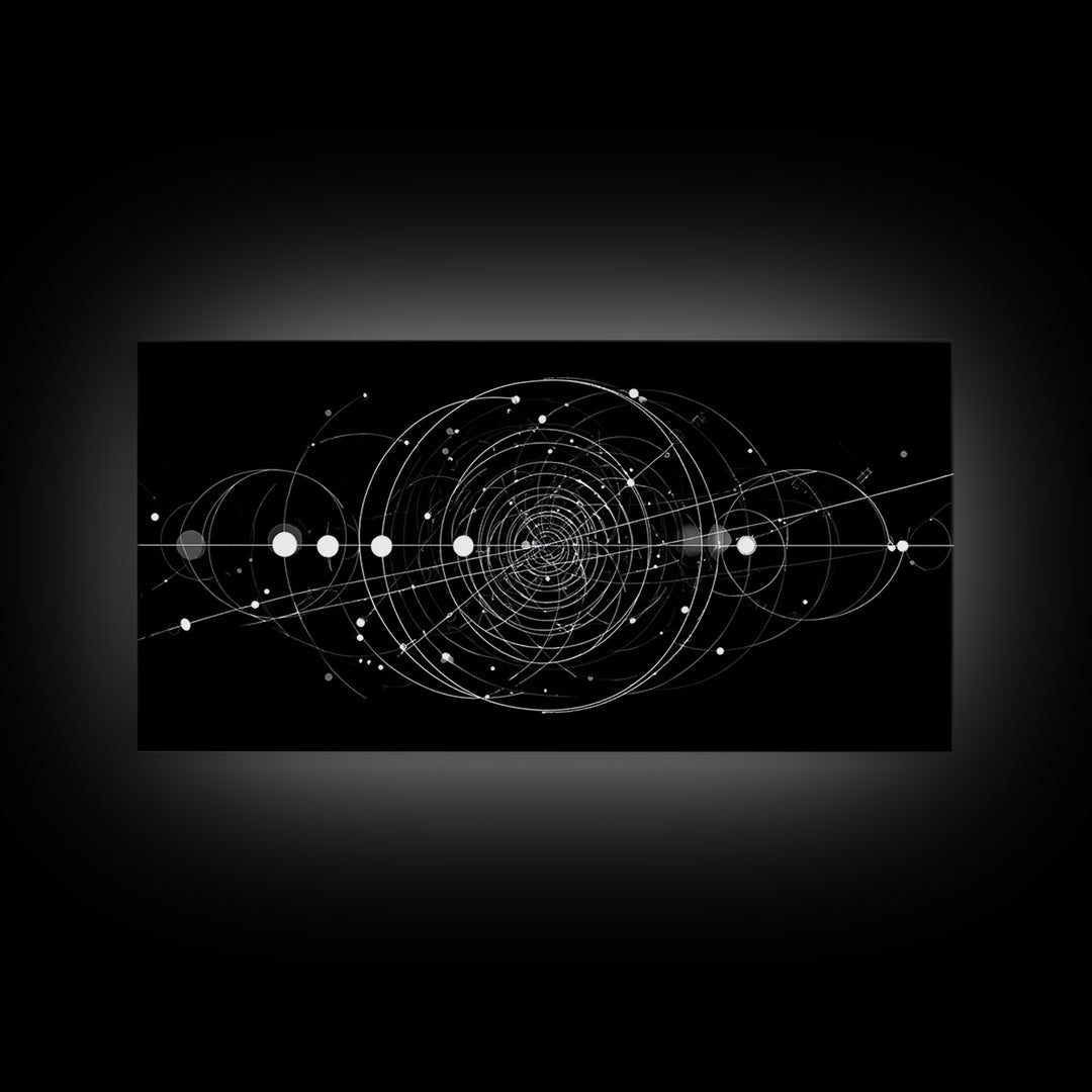 White Orbital Geometry In Black Space Wall Art, Modern Abstract Art Print, Sci Fi Decor, Geometric Wall Decor Gift For Office