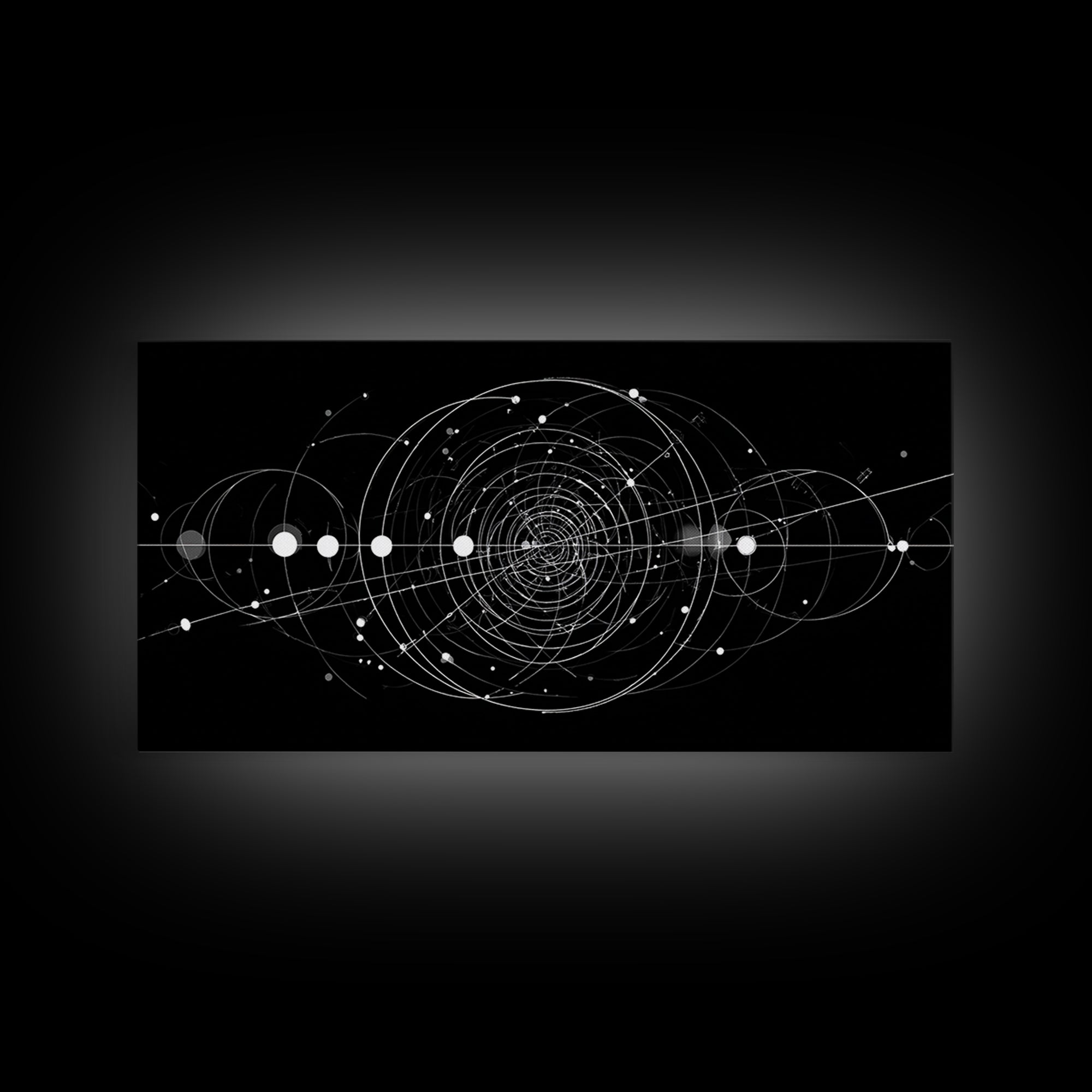 White Orbital Geometry In Black Space Wall Art, Modern Abstract Art Print, Sci Fi Decor, Geometric Wall Decor Gift For Office
