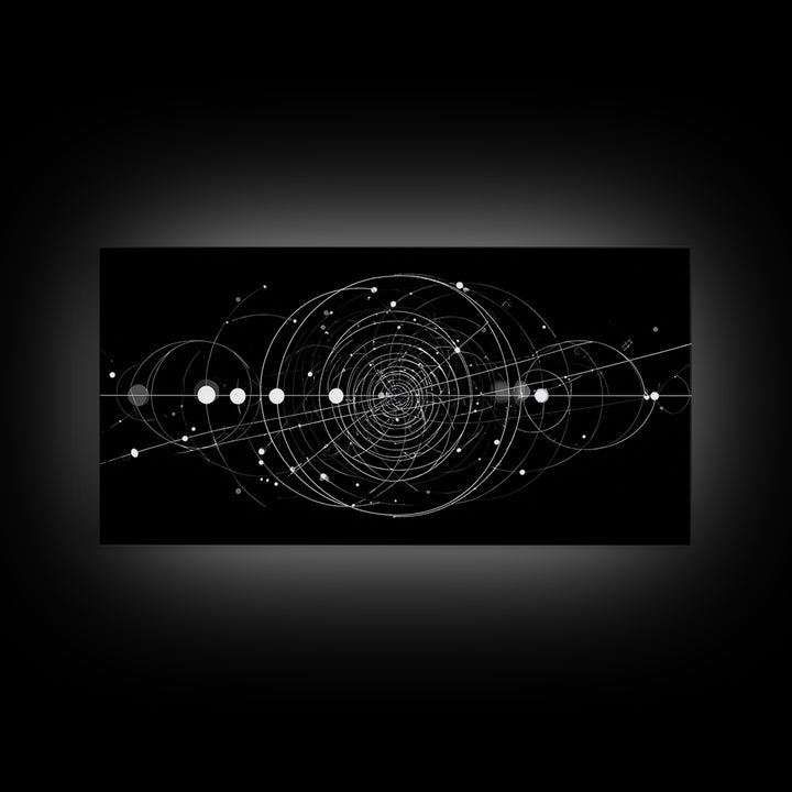 White Orbital Geometry In Black Space Wall Art, Modern Abstract Art Print, Sci Fi Decor, Geometric Wall Decor Gift For Office