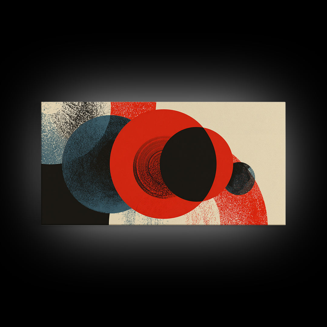 Bold Red Black And Blue Circle Collision Wall Art, Midcentury Modern Abstract Poster, Geometric MCM Decor, Large Canvas Print