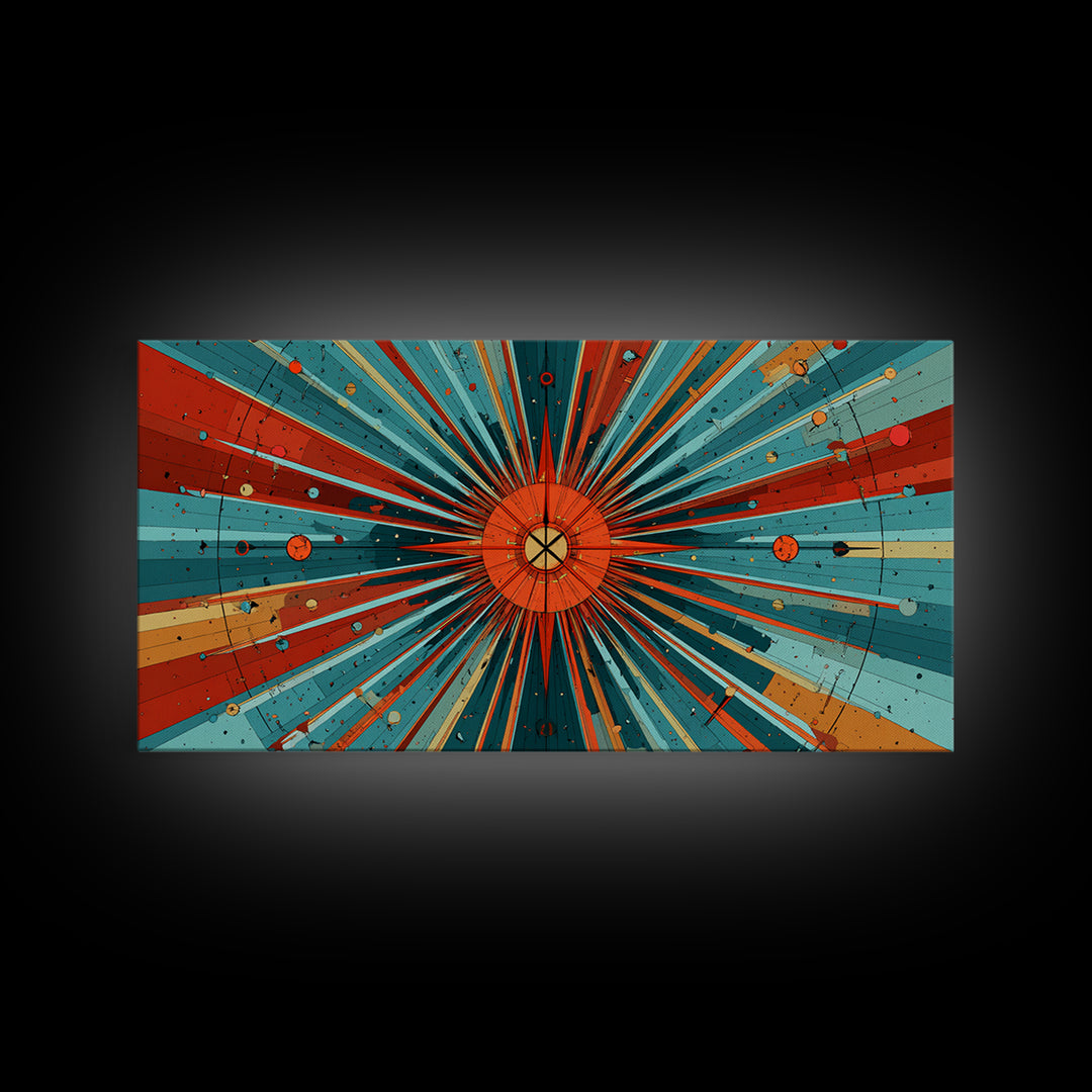 Orange Teal Cosmic Sunburst Canvas Print, Midcentury Modern Art, Retro Atomic Poster, Bold Geometric Wall Decor, 1950s Space Print