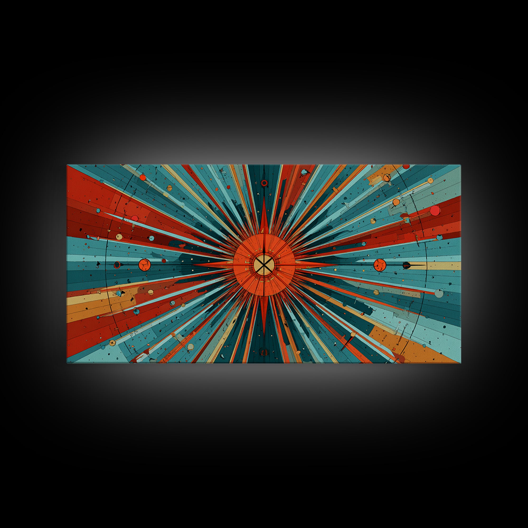 Orange Teal Cosmic Sunburst Canvas Print, Midcentury Modern Art, Retro Atomic Poster, Bold Geometric Wall Decor, 1950s Space Print