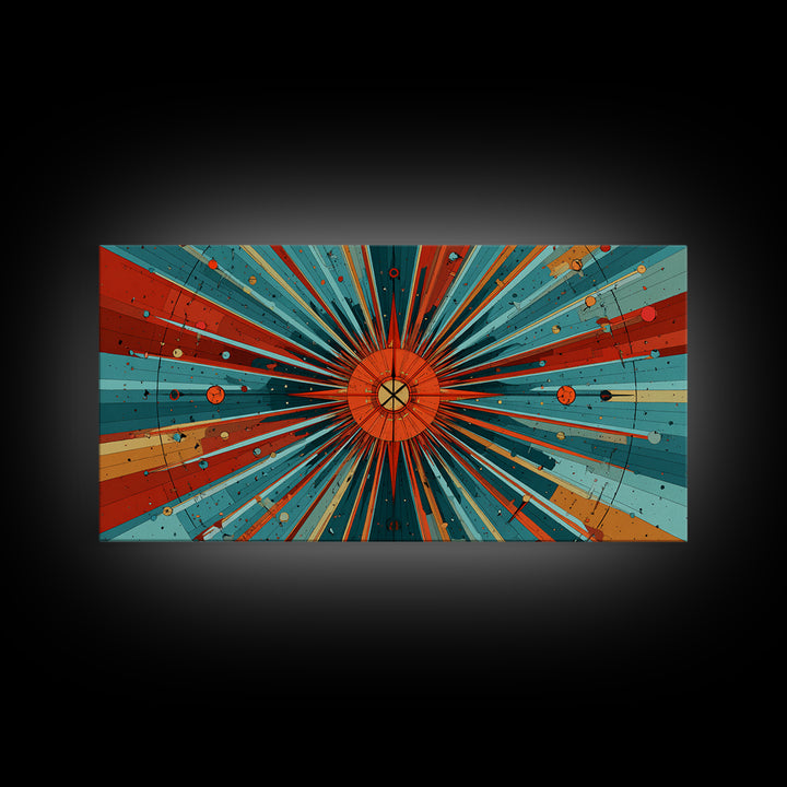 Orange Teal Cosmic Sunburst Canvas Print, Midcentury Modern Art, Retro Atomic Poster, Bold Geometric Wall Decor, 1950s Space Print
