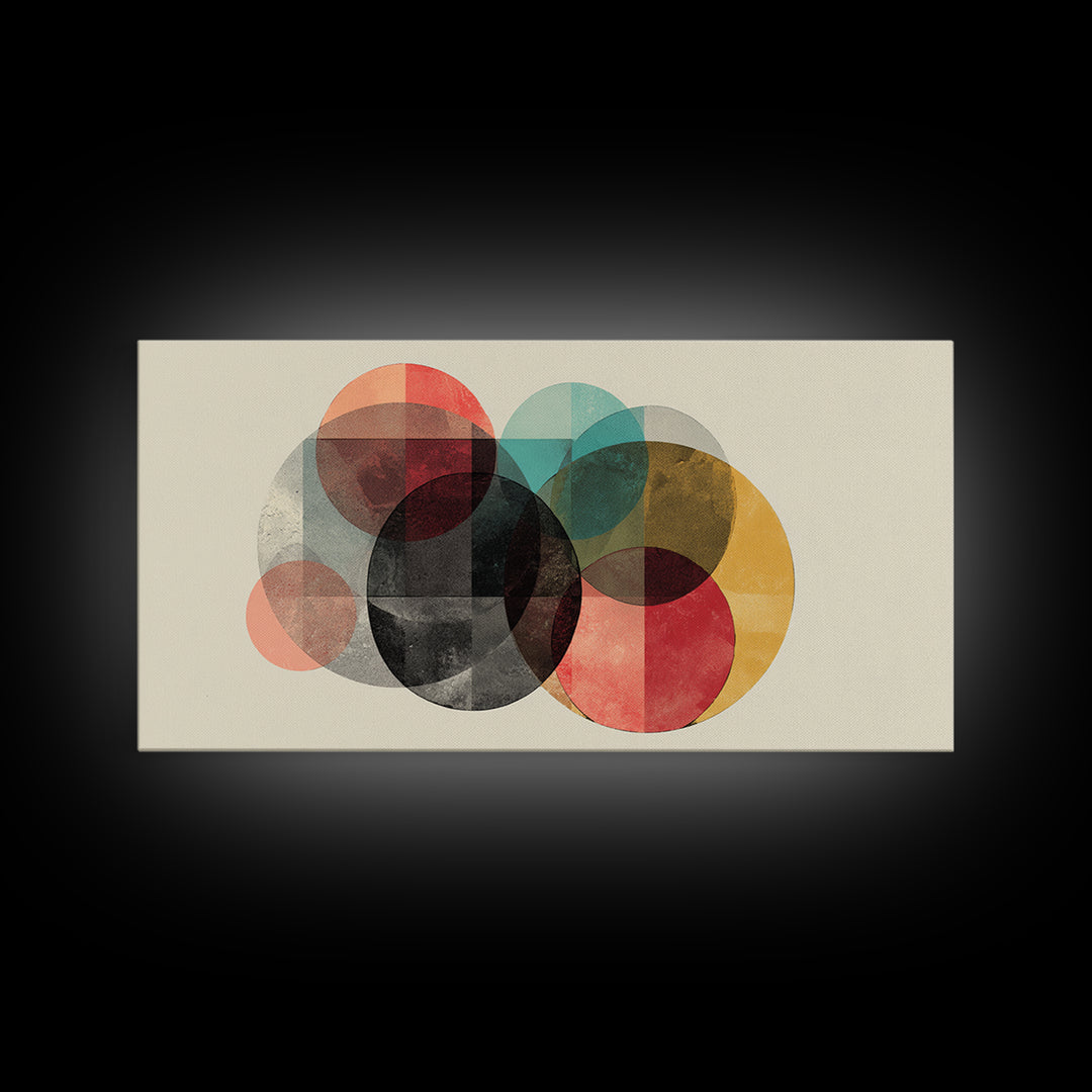 Neutral Black Red Yellow Circle Cluster Framed Canvas Print, Midcentury Modern Wall Art, Retro Geometric Poster, MCM Home Decor