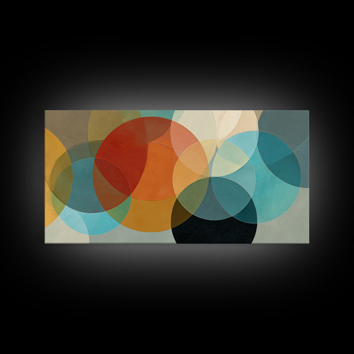 Overlapping Retro Circles Abstract In Teal Orange Mustard Wall Art, Mid Century Modern Print, Geometric MCM Living Room Decor