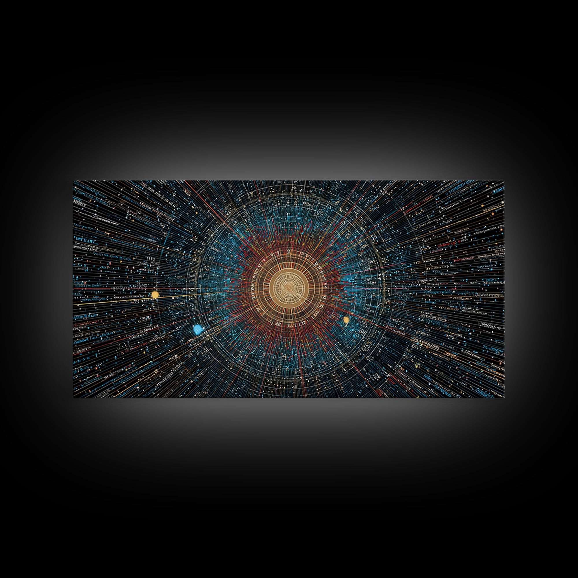 Golden Data Starburst Framed Canvas Print, Modern Abstract Art, Cosmic Geometric Wall Decor, Sci Fi Poster, Blue Orange Space Art