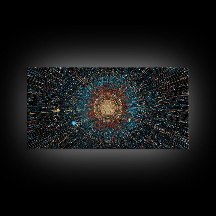 Golden Data Starburst Framed Canvas Print, Modern Abstract Art, Cosmic Geometric Wall Decor, Sci Fi Poster, Blue Orange Space Art