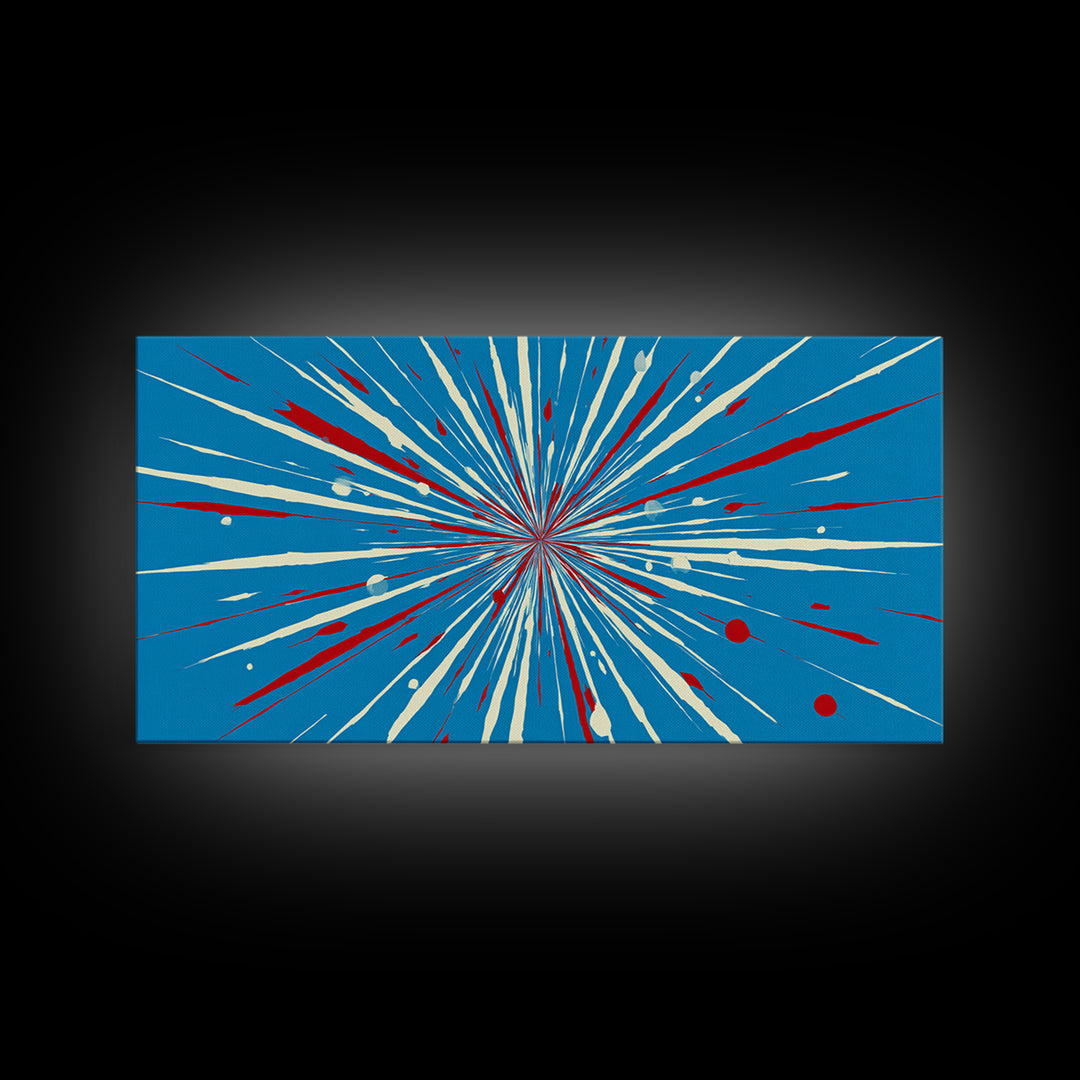 Blue Red Speed Burst Wall Art, Retro Sci Fi Star Lines, Modern Abstract Art Print, Bold Graphic Poster, Game Room Decor Gift