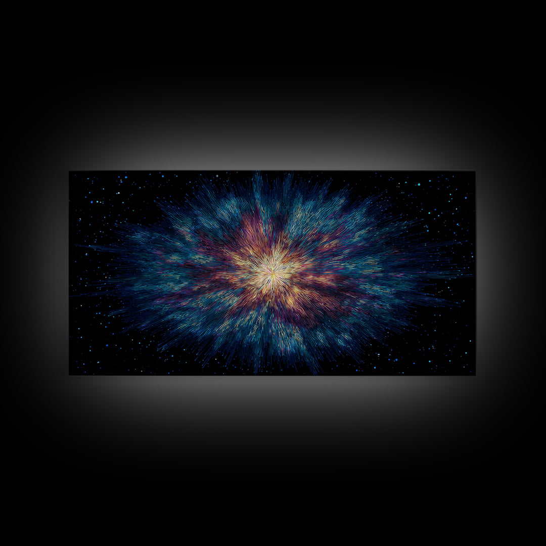 Luminous Nebula Starburst Framed Canvas Print, Cosmic Abstract Wall Art, Modern Galaxy Poster, Blue Purple Bedroom Decor