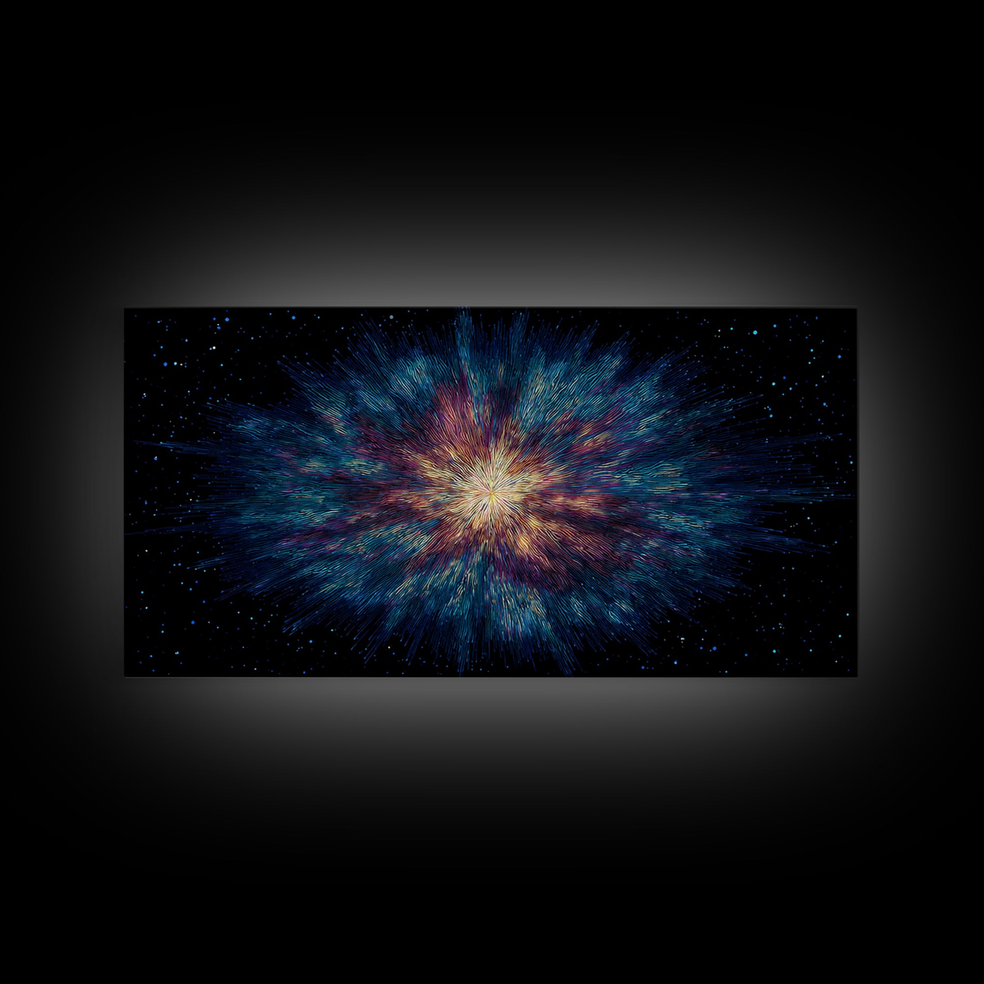 Luminous Nebula Starburst Framed Canvas Print, Cosmic Abstract Wall Art, Modern Galaxy Poster, Blue Purple Bedroom Decor