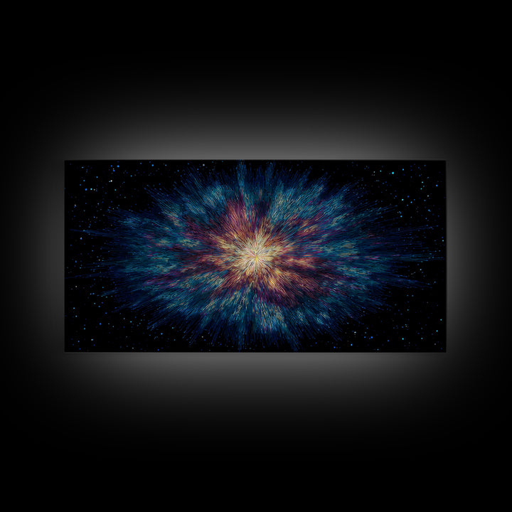 Luminous Nebula Starburst Framed Canvas Print, Cosmic Abstract Wall Art, Modern Galaxy Poster, Blue Purple Bedroom Decor