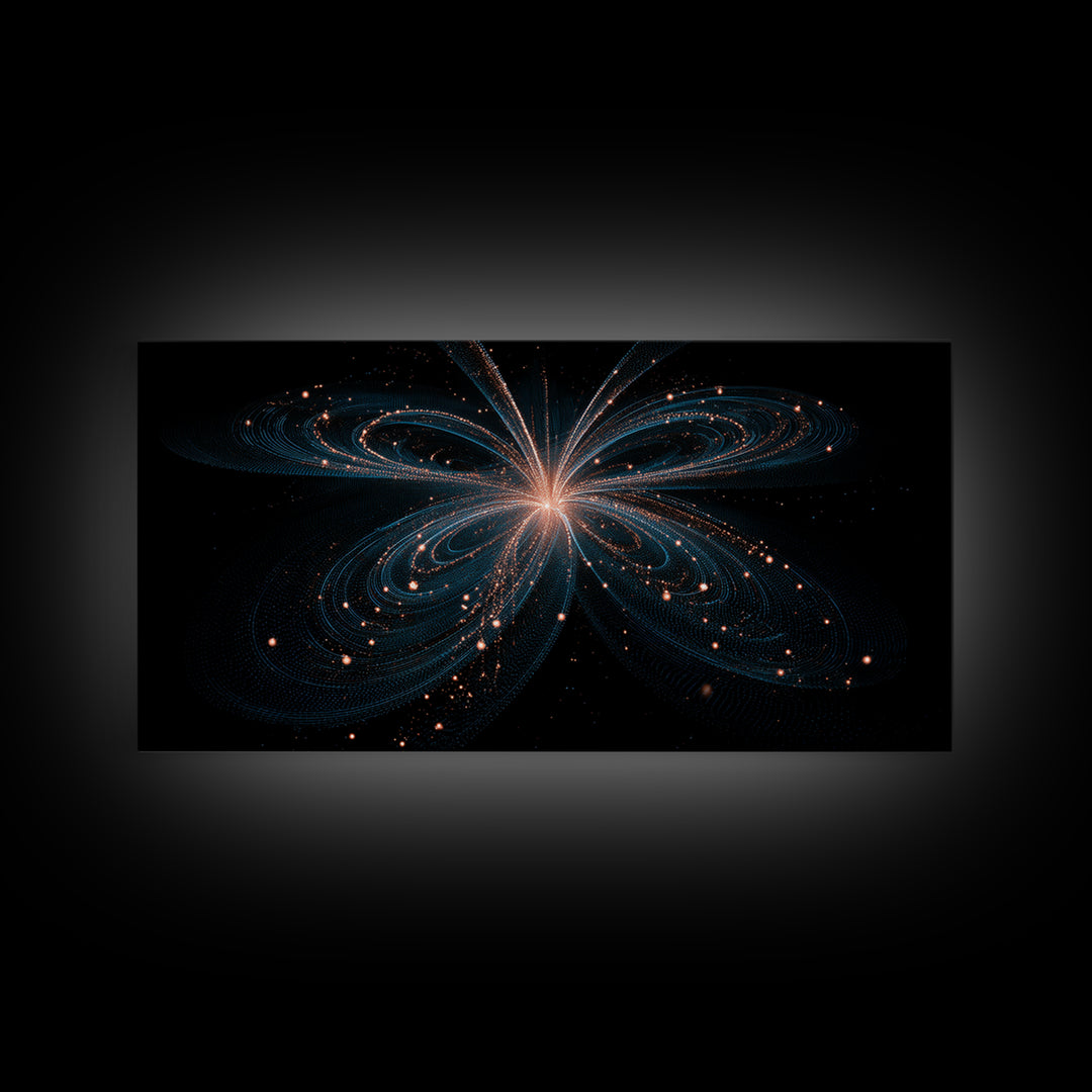 Orbital Butterfly Starfield Framed Canvas Print, Cosmic Particle Wall Art, Modern Abstract Art, Elegant Sci Fi Bedroom Decor