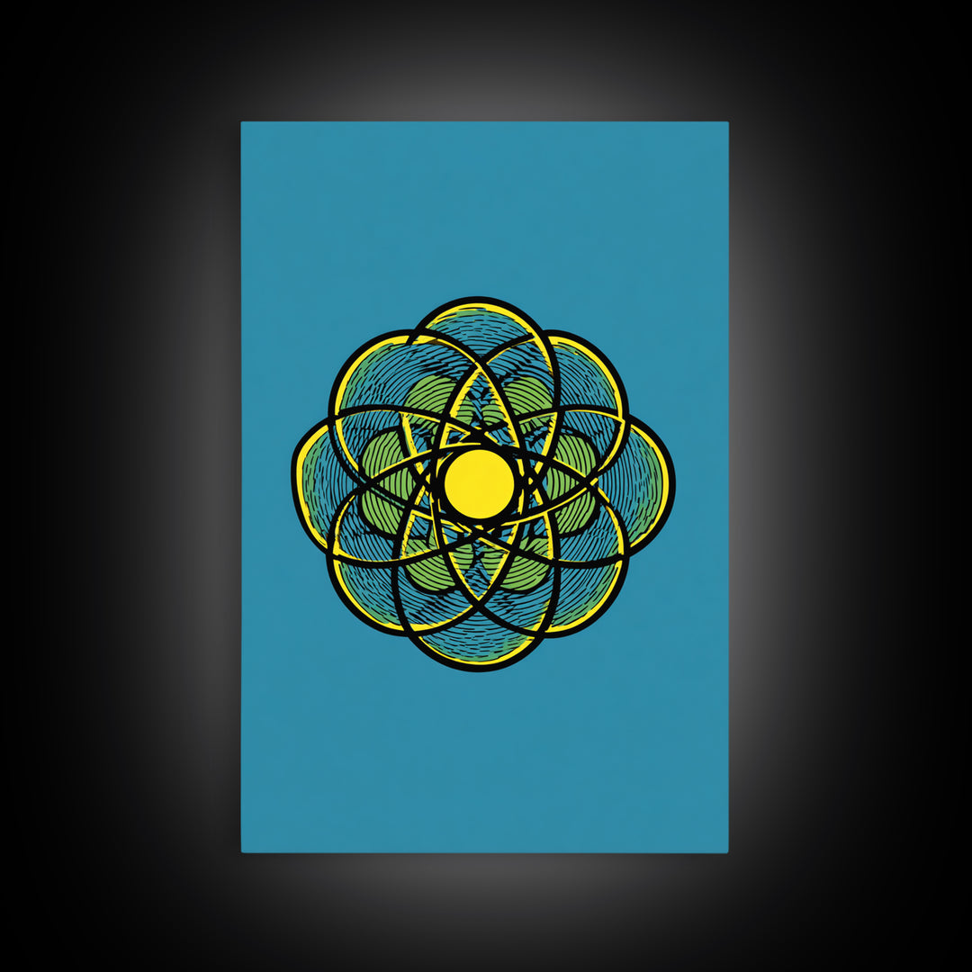 Colorful Atomic Flower Symbol On Blue Canvas Print, Midcentury Modern Wall Decor, Geometric Art Print, Retro Space Poster