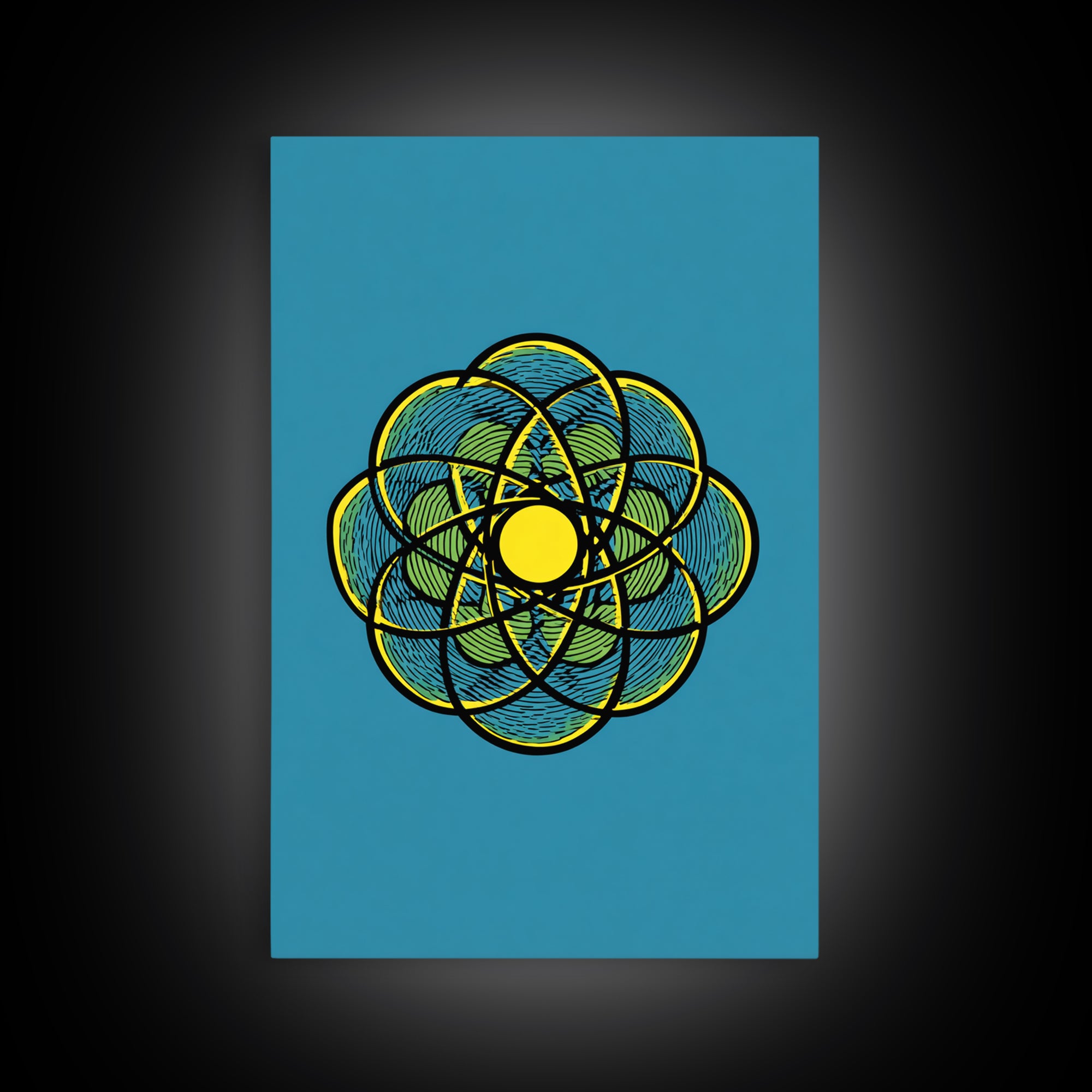 Colorful Atomic Flower Symbol On Blue Canvas Print, Midcentury Modern Wall Decor, Geometric Art Print, Retro Space Poster