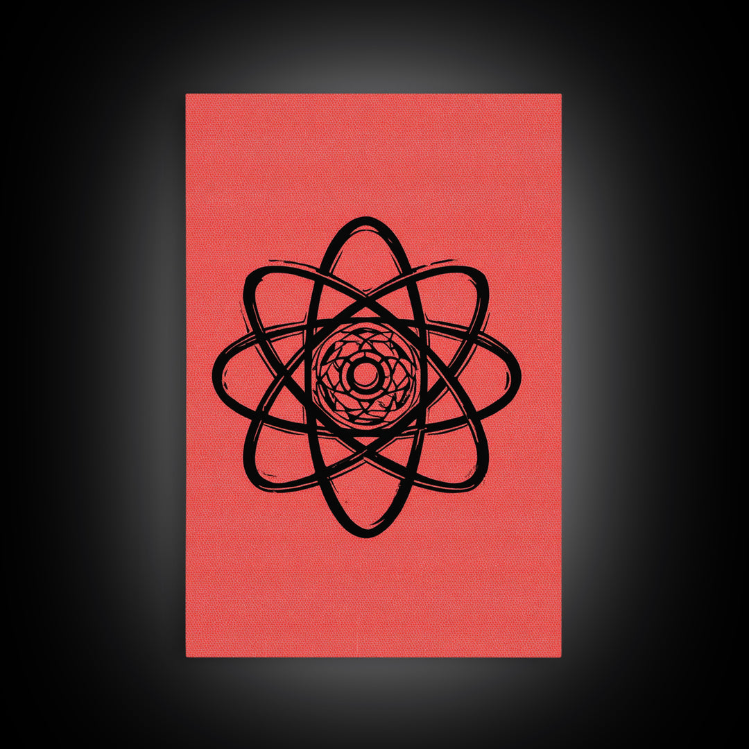 Black Atomic Symbol On Red Canvas Print, Midcentury Modern Wall Art, Retro Science Poster, Geometric MCM Home Decor, Atomic Art Print