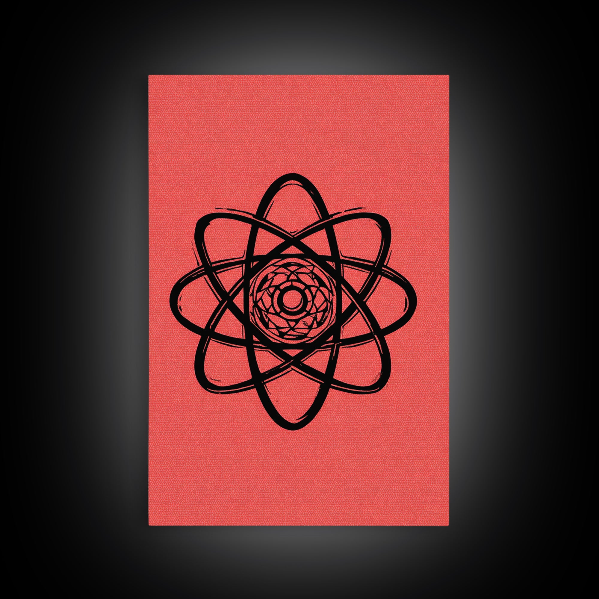 Black Atomic Symbol On Red Canvas Print, Midcentury Modern Wall Art, Retro Science Poster, Geometric MCM Home Decor, Atomic Art Print