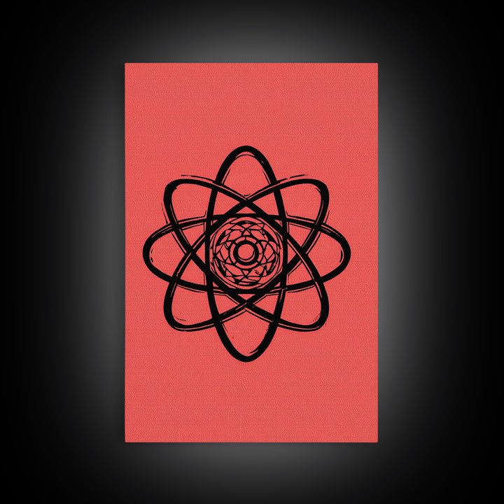 Black Atomic Symbol On Red Canvas Print, Midcentury Modern Wall Art, Retro Science Poster, Geometric MCM Home Decor, Atomic Art Print