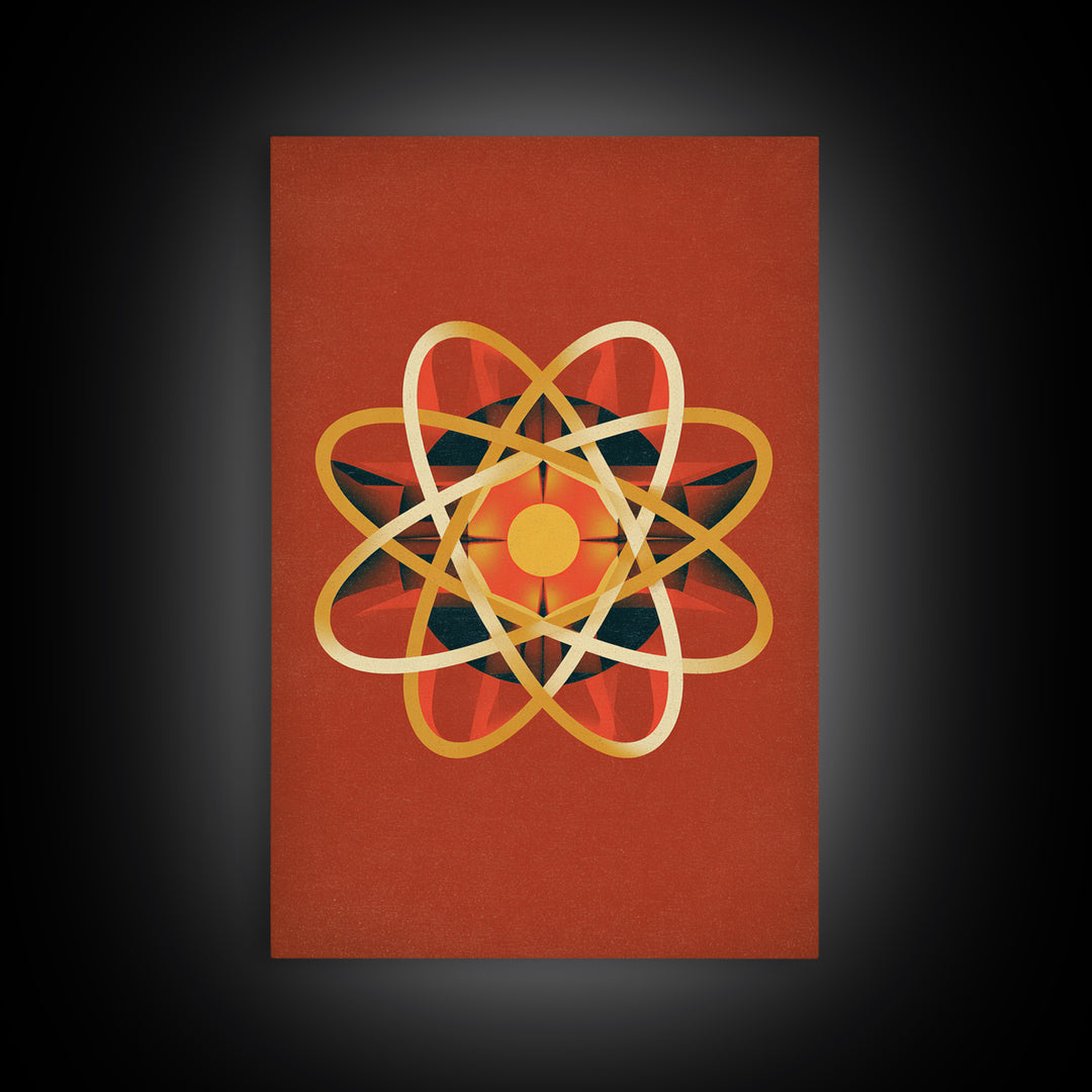 Glowing Golden Atomic Symbol Canvas Print, Midcentury Modern Wall Art, Retro Science Decor, Orange Geometric Abstract Poster