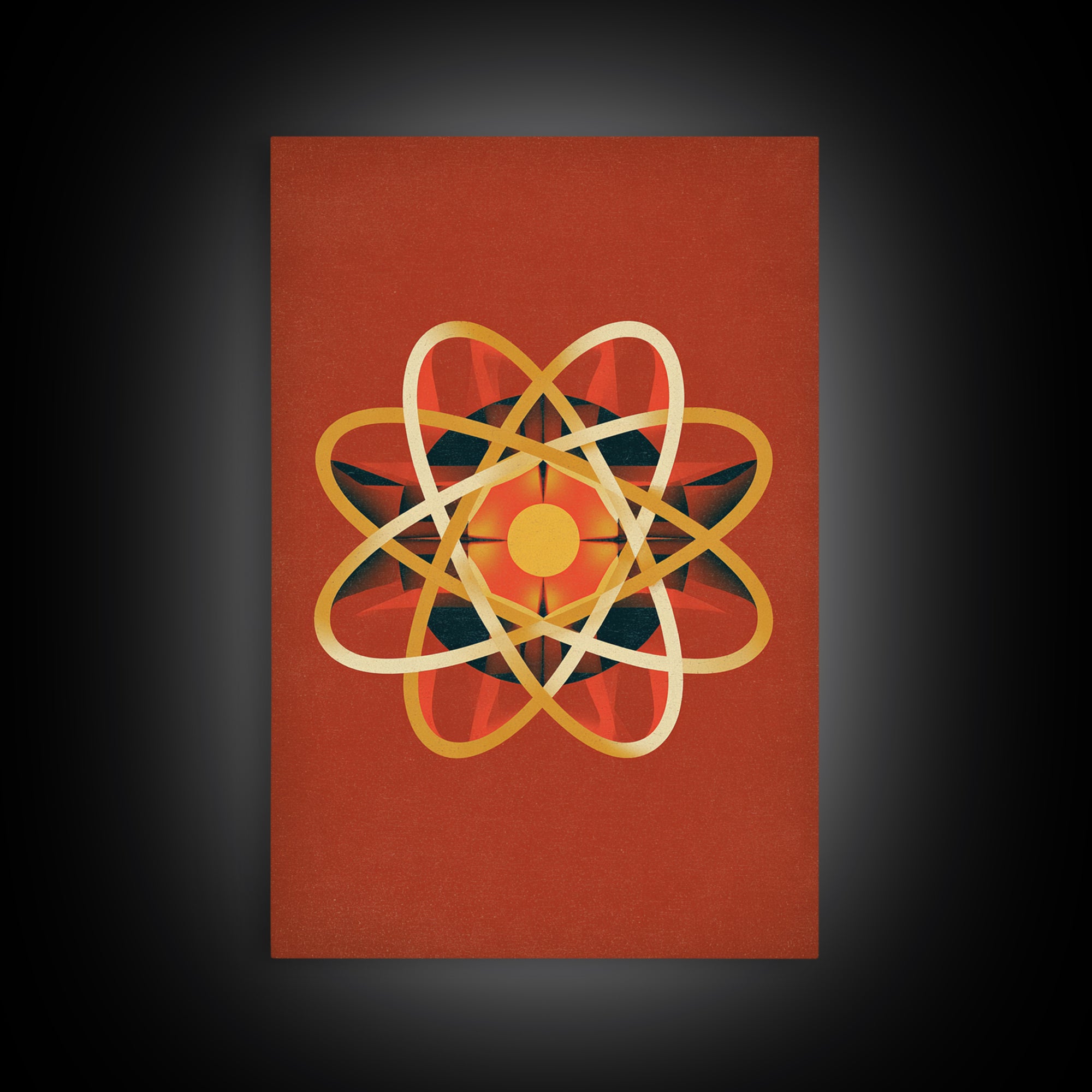 Glowing Golden Atomic Symbol Canvas Print, Midcentury Modern Wall Art, Retro Science Decor, Orange Geometric Abstract Poster