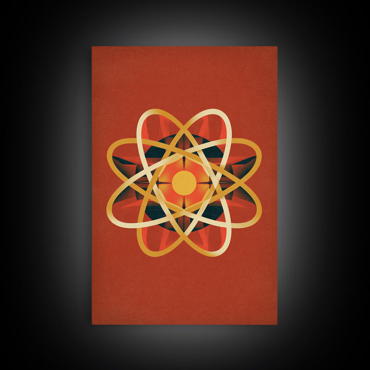 Glowing Golden Atomic Symbol Canvas Print, Midcentury Modern Wall Art, Retro Science Decor, Orange Geometric Abstract Poster
